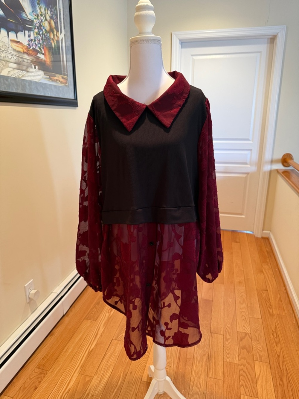 Sheer Burgundy and Black Layered Tunic Blouse